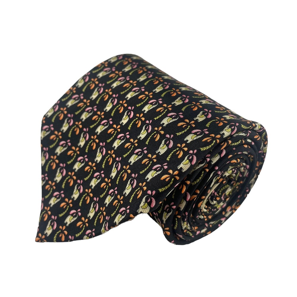 Salvatore Ferragamo Black Silk Elephant Palm Tree Print Tie 3.5 Width Mens